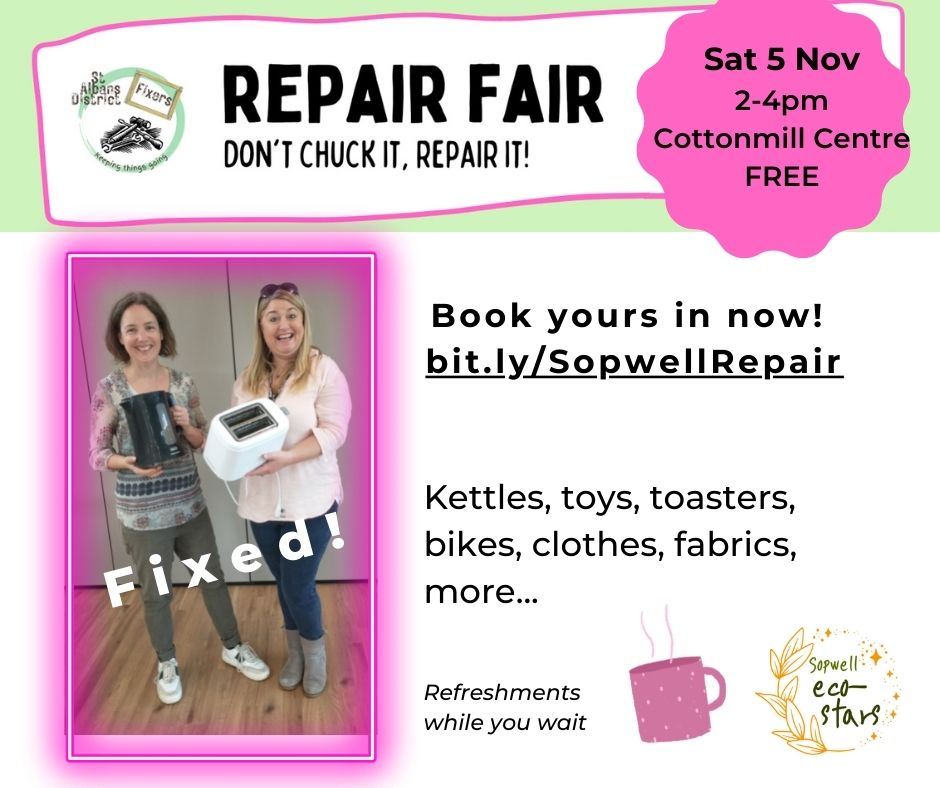 Poster for repair fair with two ladies holding repaired items